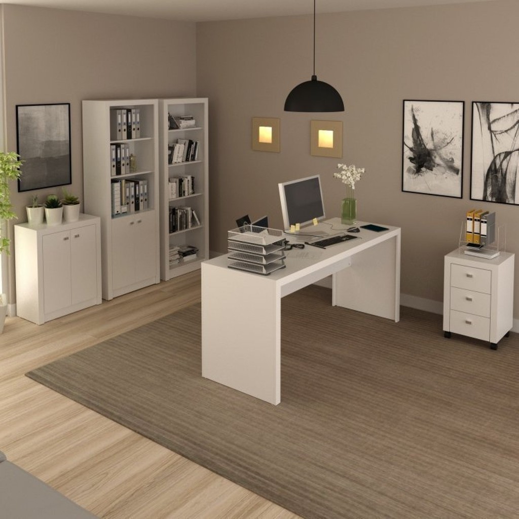 Conjunto 5 Peças com Mesa para Escritório, Armário Baixo, Alto, Estante e Gaveteiro Branco Branco