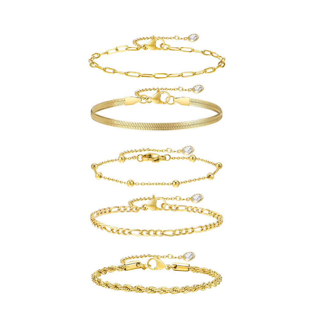 Pulseira De 5 Peças Vnox Conjunto Feminino De Luxo Requintado , Corrente De Ouro 18K , Com Clip De Papel Estaca Torcida Em Camadas De Conexão Ajustável