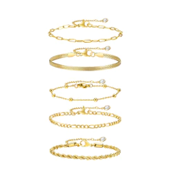 Pulseira De 5 Peças Vnox Conjunto Feminino De Luxo Requintado , Corrente De Ouro 18K , Com Clip De Papel Estaca Torcida Em Camadas De Conexão Ajustável