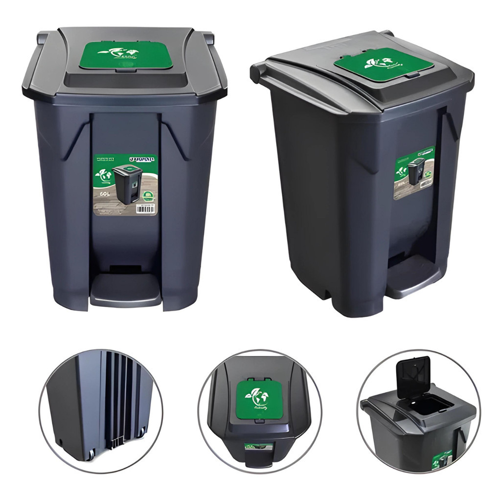 Kit Lixeira 60L Preta ARQPLAST Cesto Grande Com Rodas, Pedal e Tampa Click / Jogo Conjunto Litros