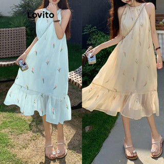 Lovito Casual Vestido com Babados e Detalhes de Renda Floral Ditsy para Mulheres LNA20173 (Damasco)