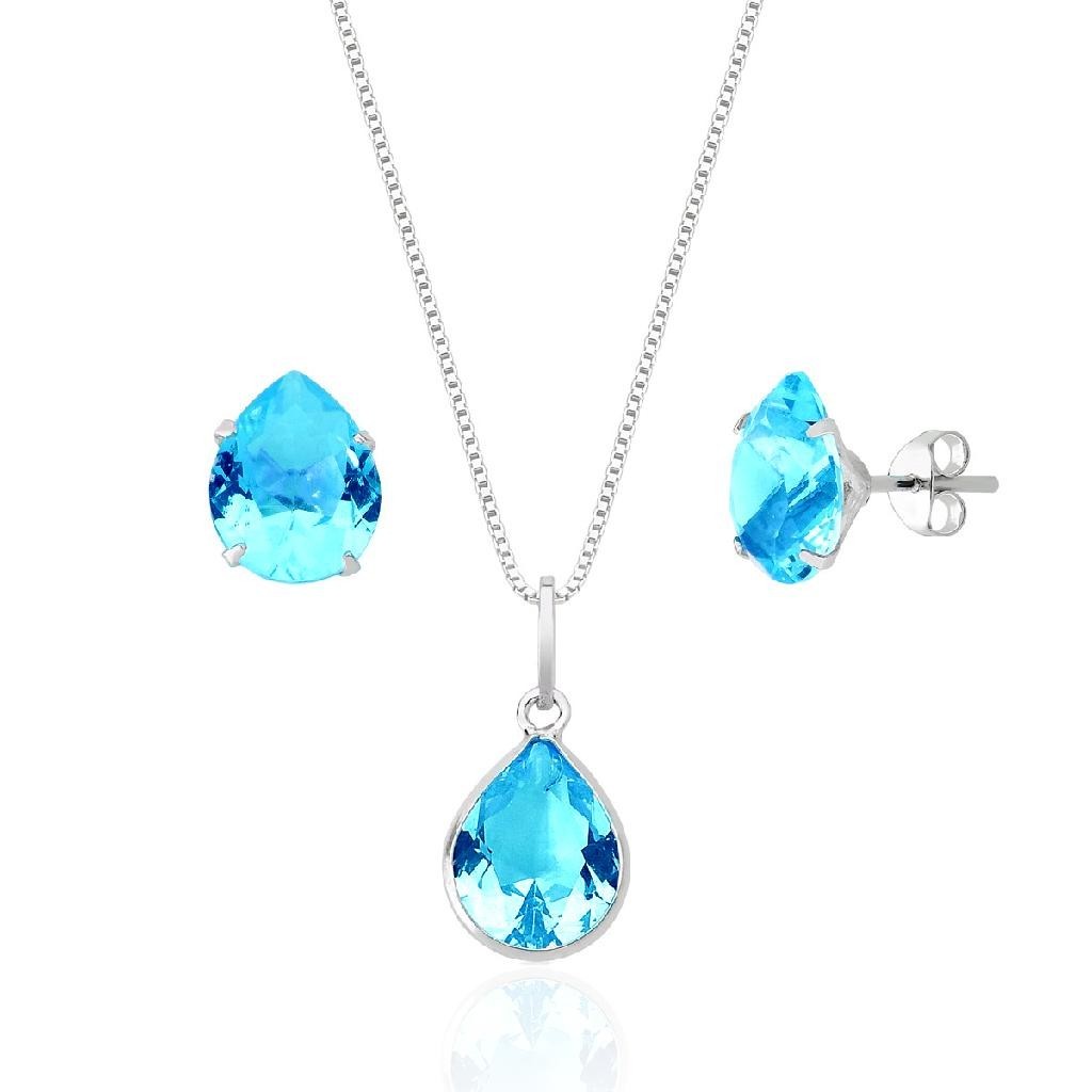 Conjunto Colar e Brincos Gota Azul Claro Prata 925