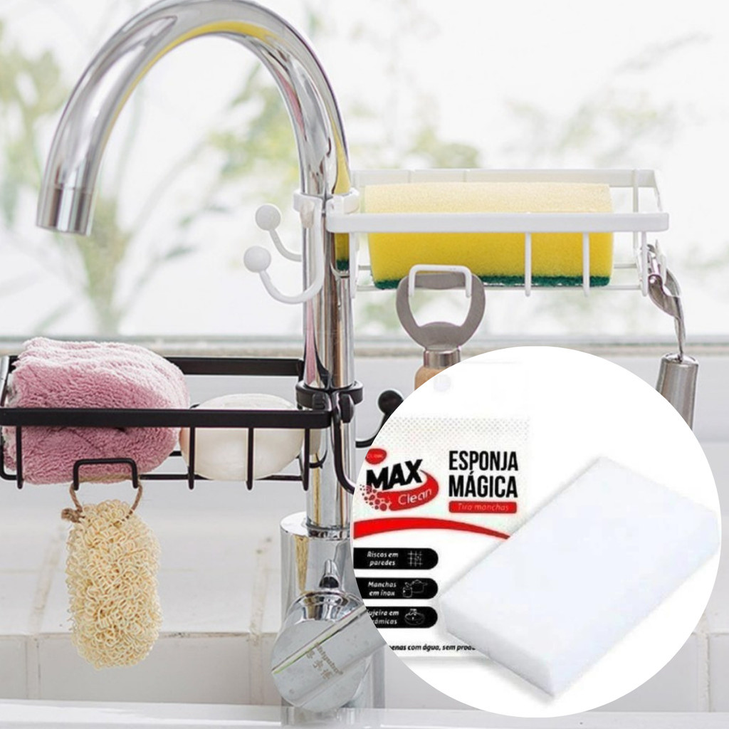 Suporte Cesto Ajustável Para Pia+ Esponja Mágica Cozinha Prateleira Torneira De Aço Inoxidável 22x11