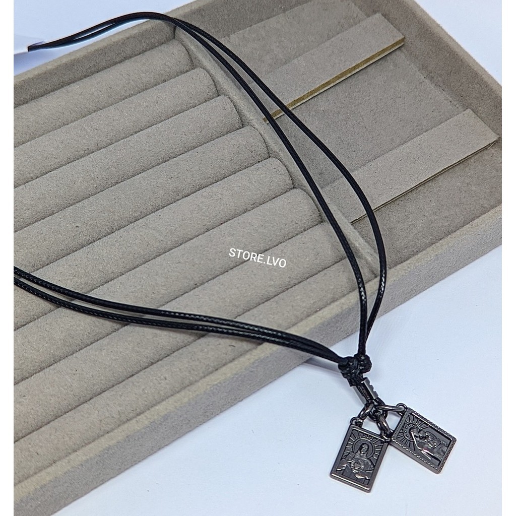 Colar Cordão Religioso Masculino e Feminino Fio Encerado couro Ajustável Preto com Pingente escapulário aço Inox