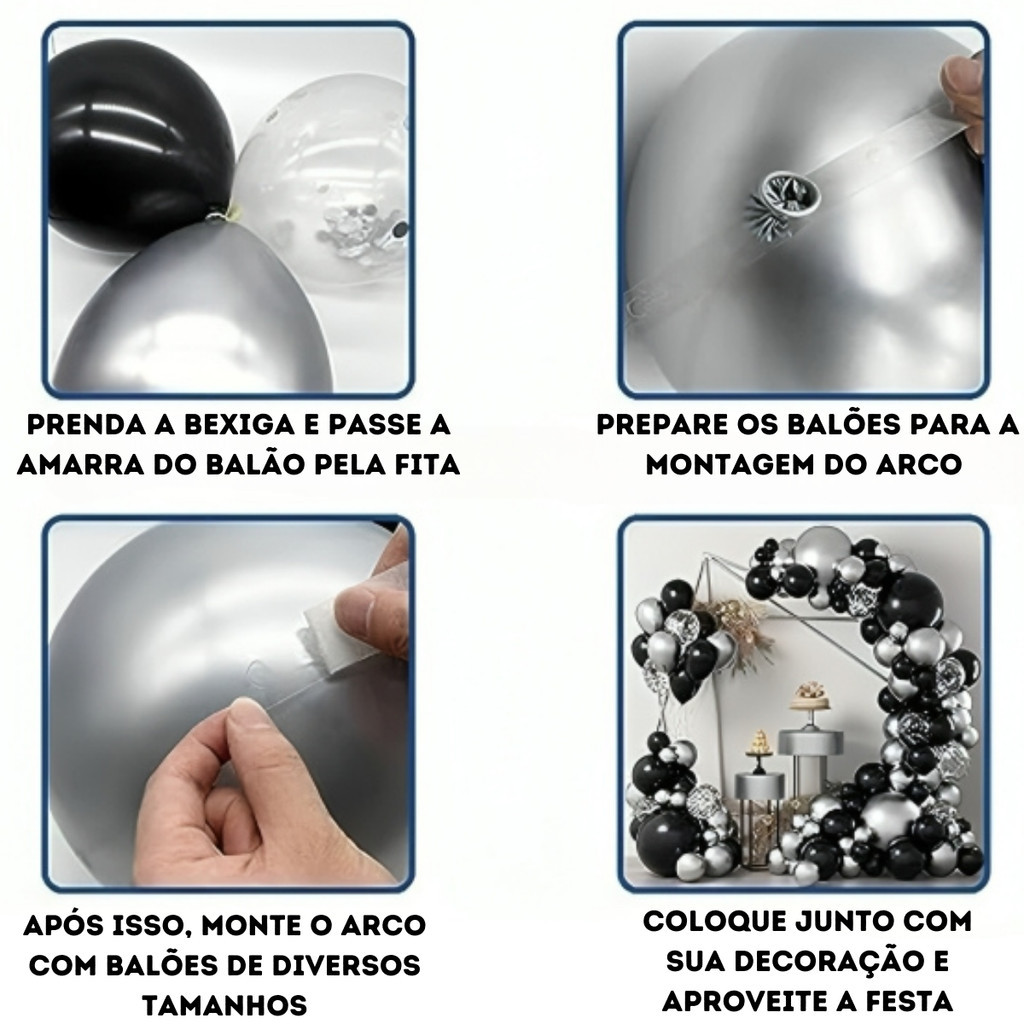 Kit 120 Balões Preto Prata Metalizado Decoração Festa Bexiga Arco Desconstruído Completo + Fita 5m Aniversário — imagem 2 de 2