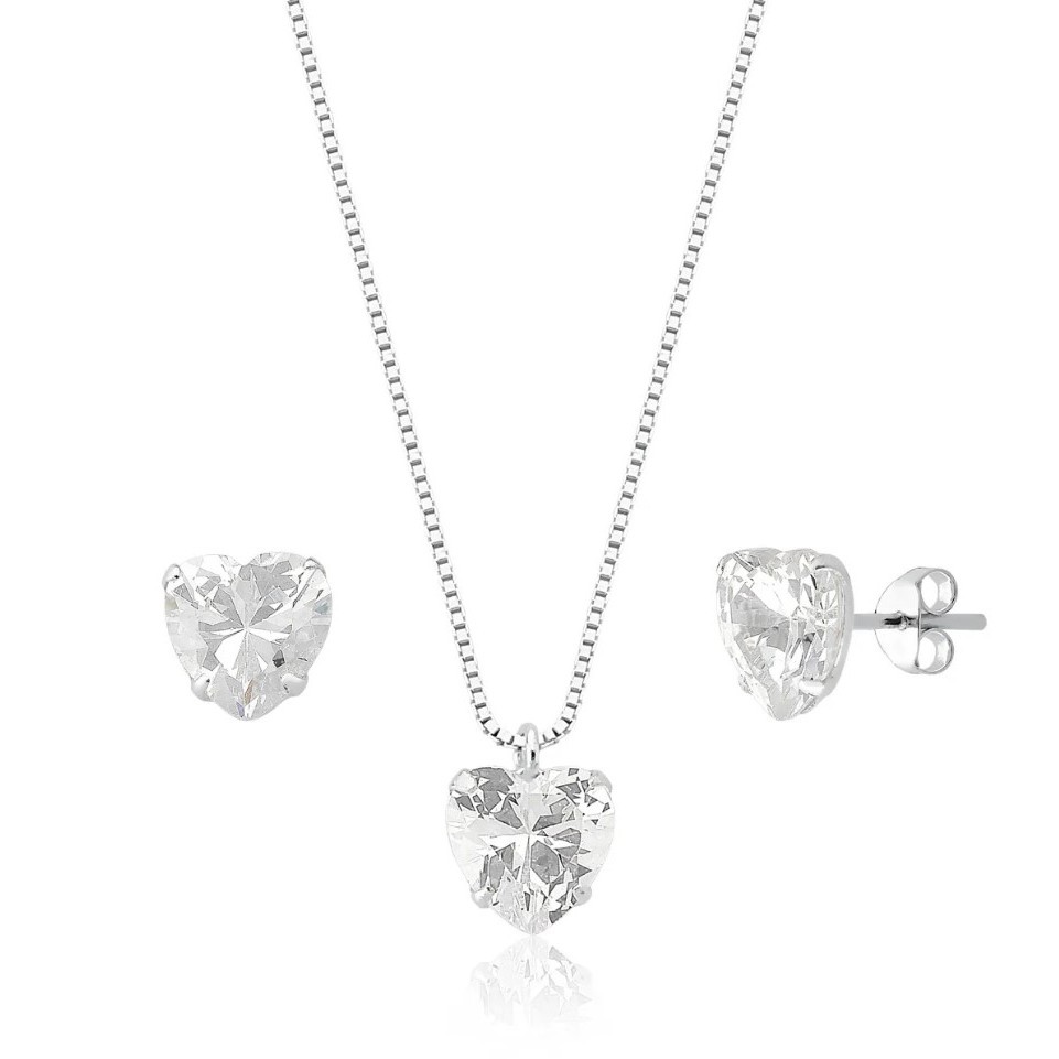 Conjunto colar e brincos coração prata 925