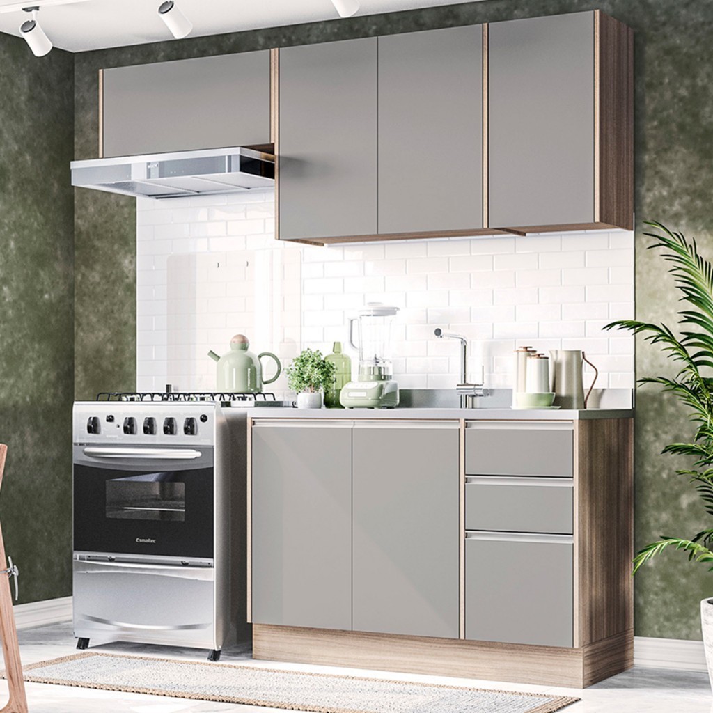 Cozinha Compacta Campanele 6 Portas 3 Gavetas Castanho/Cinza - Politorno - Home & Living