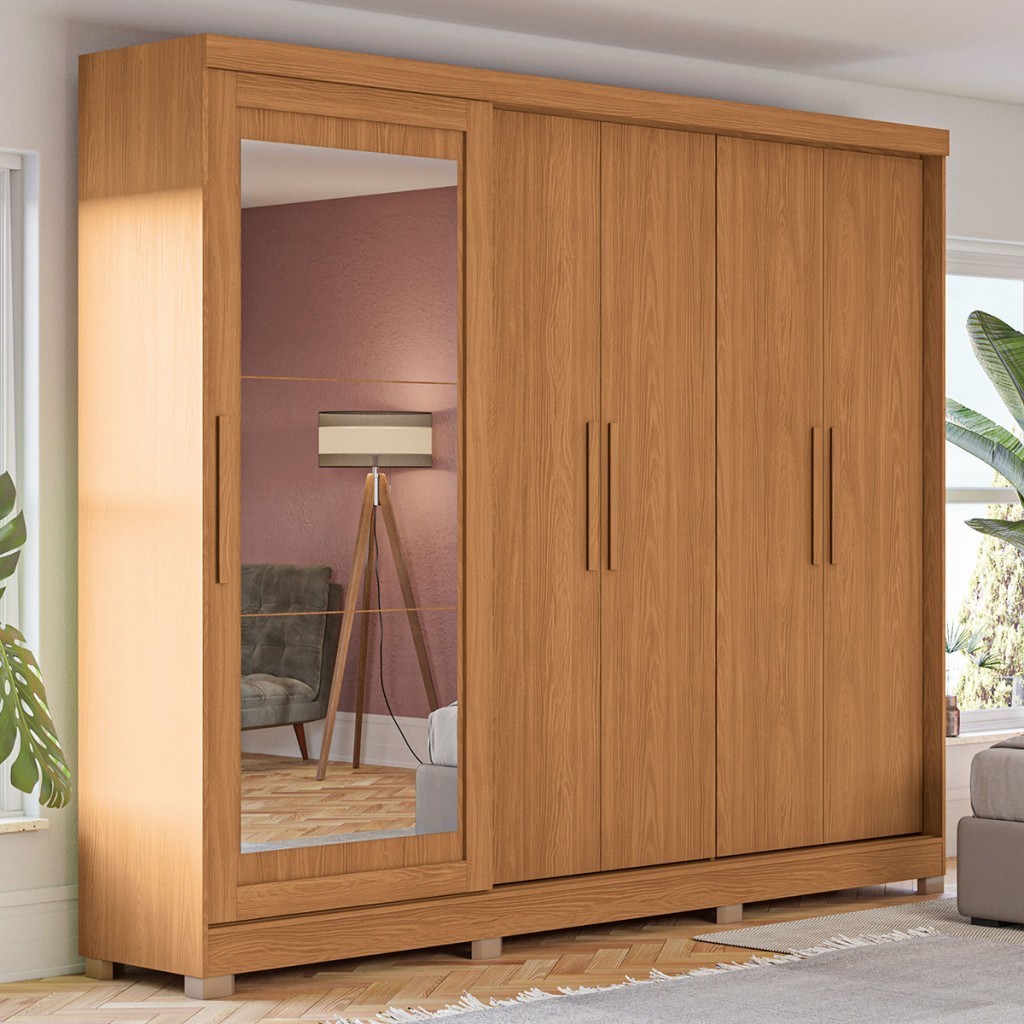 Guarda-Roupa Casal 5 Portas 4 Gavetas com Espelho Canela - Kappesberg em Oferta na Shopee