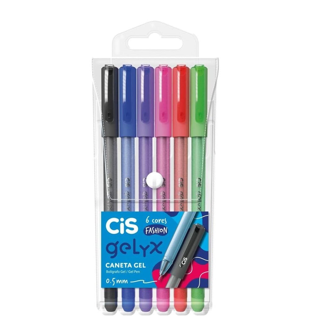 Caneta em Gel CiS Gelyx Glitter Colorida 1.0 mm Estojo c/ 6 Cores | Papelaria | Escolar |Ponta Fina | Fine Line