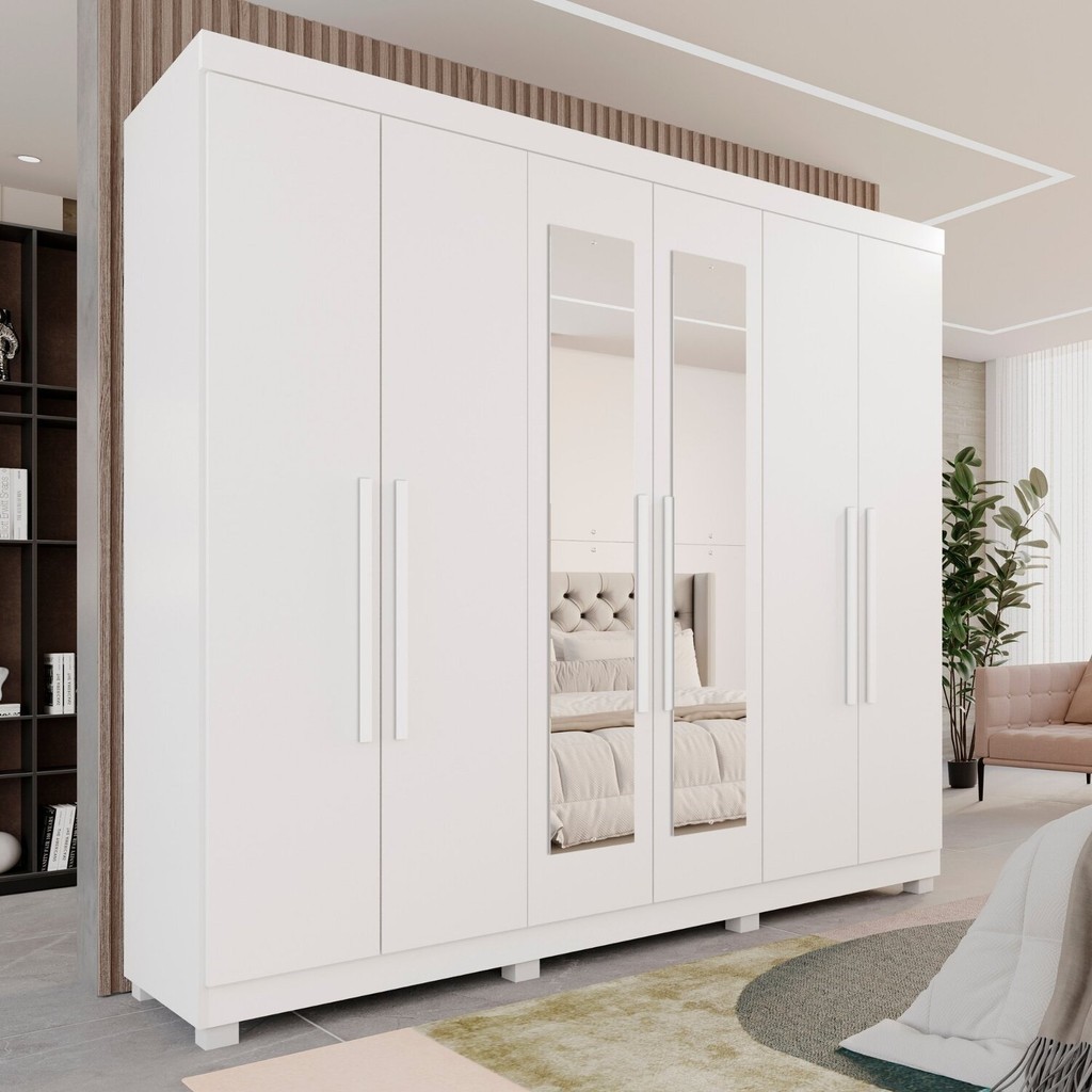 Guarda-Roupa Casal Casal 6 Portas 3 Gavetas com Espelho com Pés Roma Espresso Móveis Branco em Oferta na Shopee