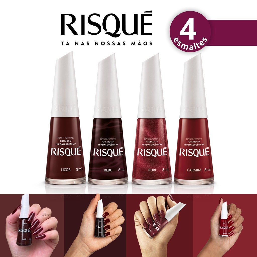 Kit 4 Esmalte Risqué Cremoso Tons Escuros, Marrom e Vermelho Esmaltes Atacado