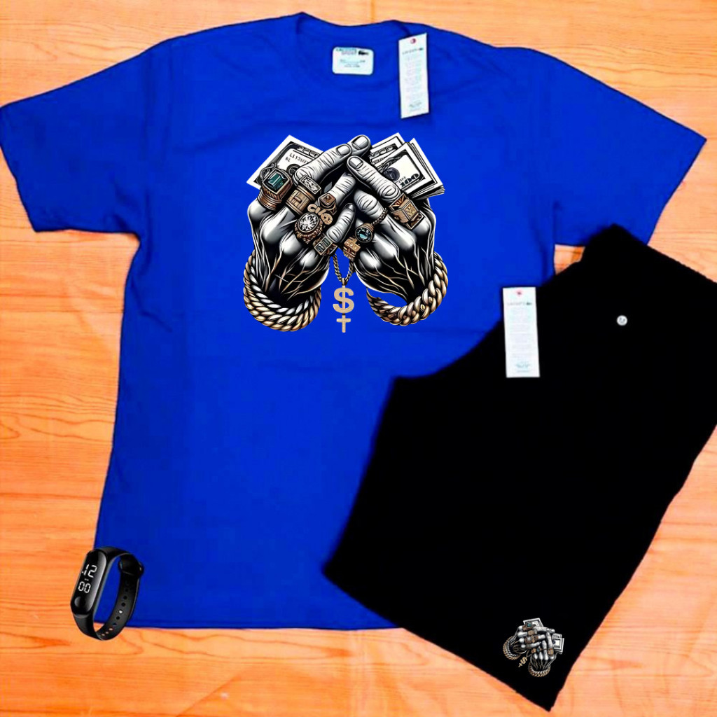 Kit  Mandrake  Camiseta Ostentação Bermuda leve de Cria Revoada  Estampada+ Relógio  MÃO GANGSTER DOLAR