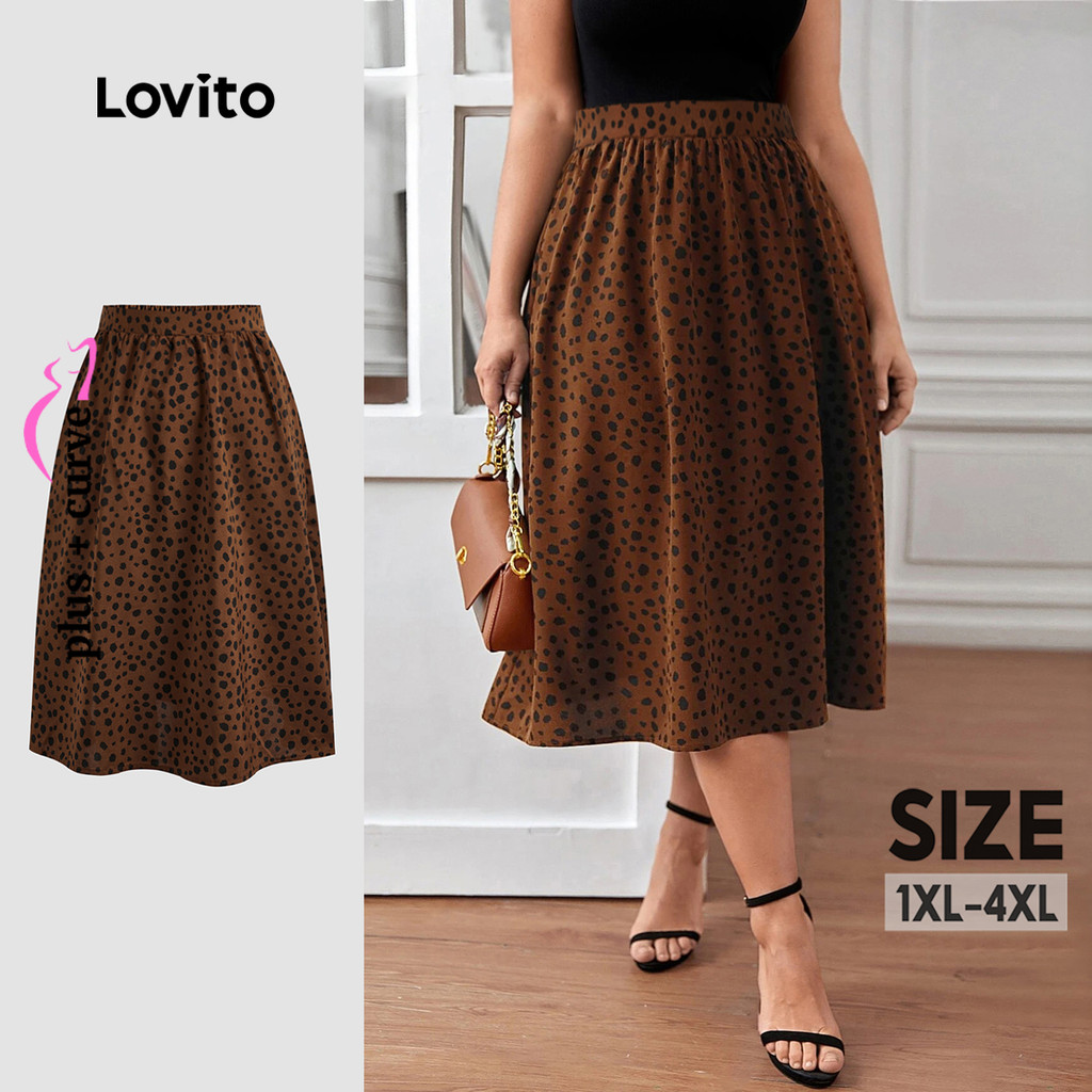 Lovito Saia Plus Size Curva Elegante Leopardo Babado Bainha para Mulheres LBL22335 em Oferta na Shopee
