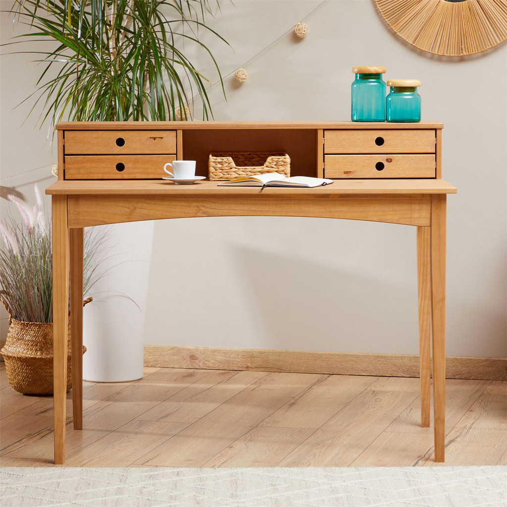 Mesa Escrivaninha Retro Madeira 4 Gavetas 1 Nicho Milano Santiago em Oferta na Shopee