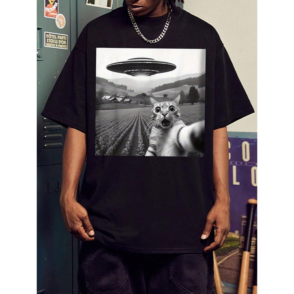 Camiseta Unissex Oversized Plus Size Feminina Masculina casual  de  OVERSIZED  estampa de GATO DISCO VOADOR