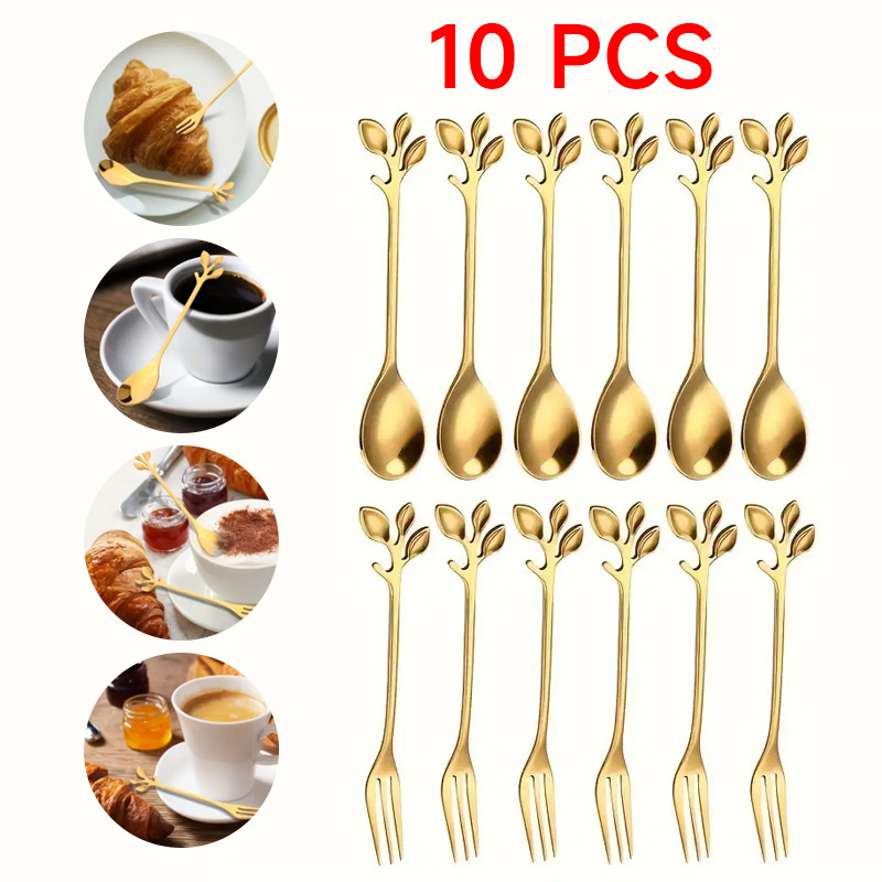 Kit 5 Peças Colher de Café e 5 Peças Garfos de Frutas Padrões de Folhas em Oferta na Shopee