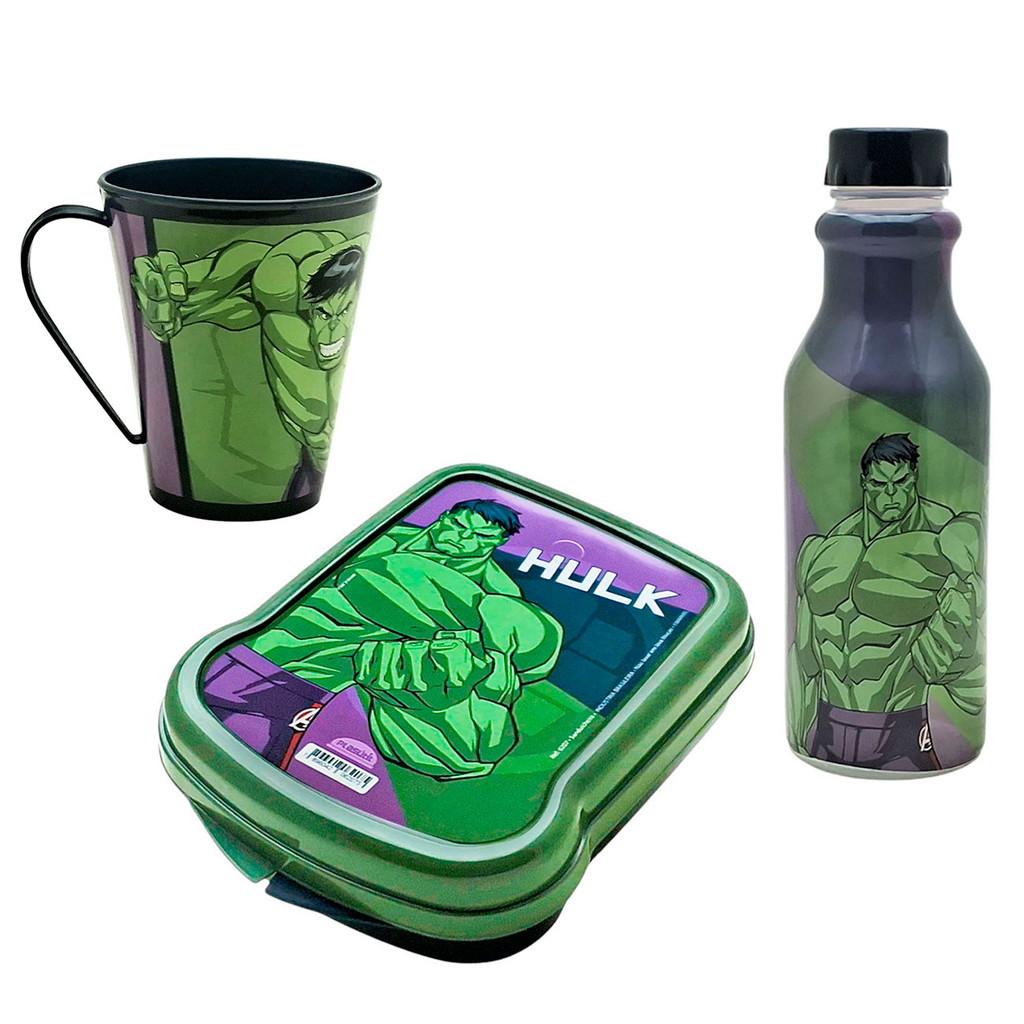 Kit Hulk, Garrafinha Infantil 500ml Retrô, Caneca Infantil 360ml , e Sanduicheira infantil Plasútil
