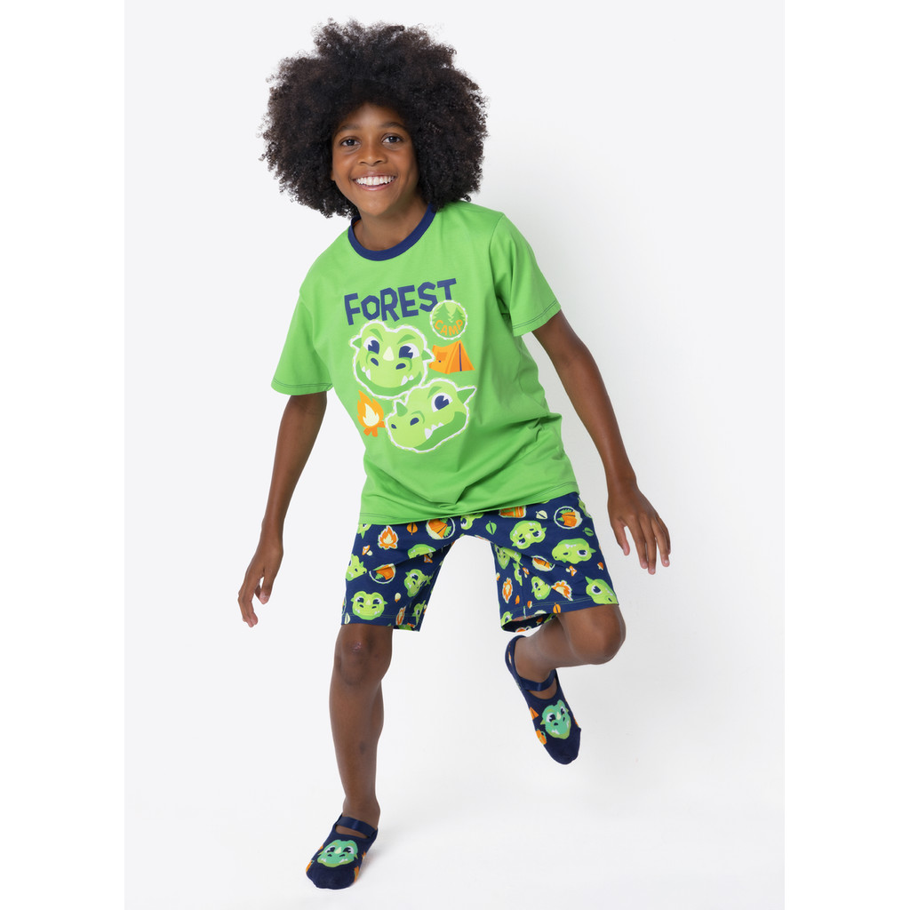 Pijama Manga Curta Menino Teen Dragão Camping - Puket