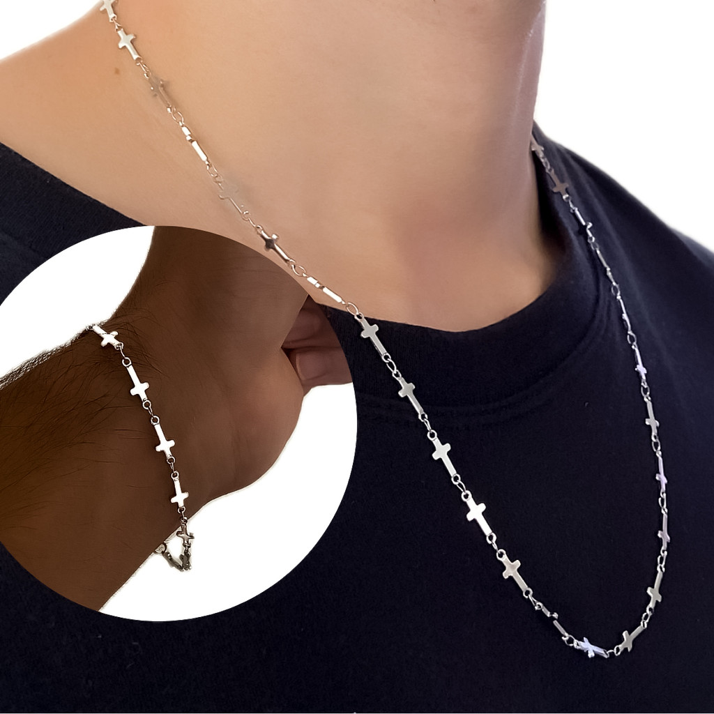 Kit Colar e Pulseira Elo Cruz Crucifixo Conjunto Inox Prata Cirúrgico em Oferta na Shopee