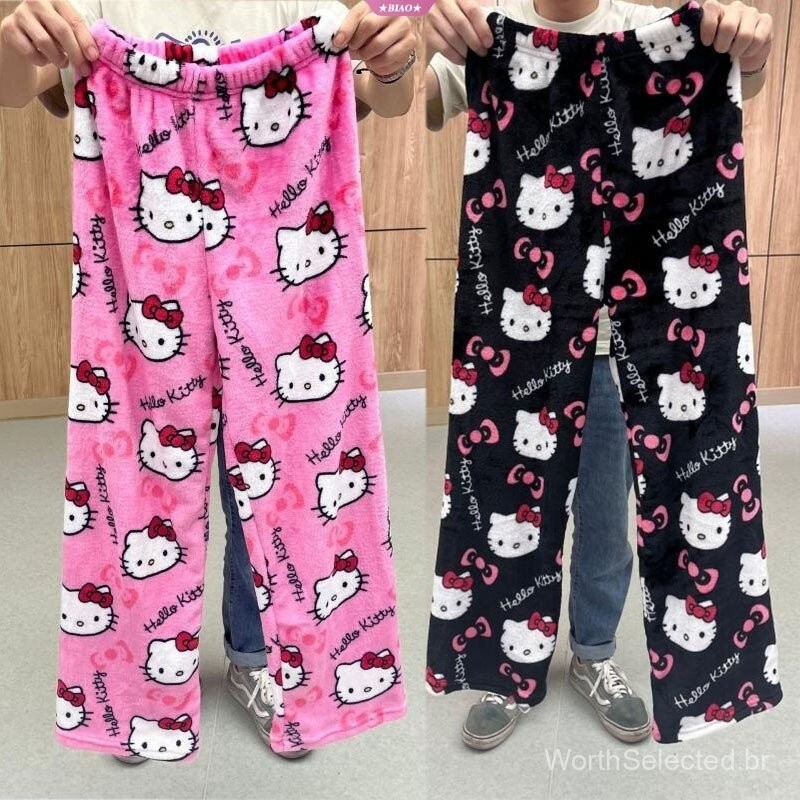 Hello Kitty Pijama Calças Kawaii Kt Cat Mulheres Quente Casual Outono Inverno Calças De Pelúcia Macia Coral Britches De