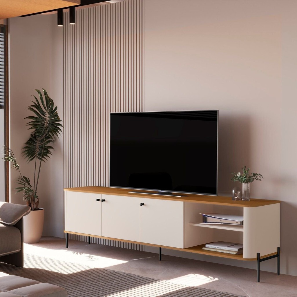 Rack para TV até 75 Polegadas Curvo Pés e Puxadores em Metal Tucupí Off White/Nature/Preto em Oferta na Shopee