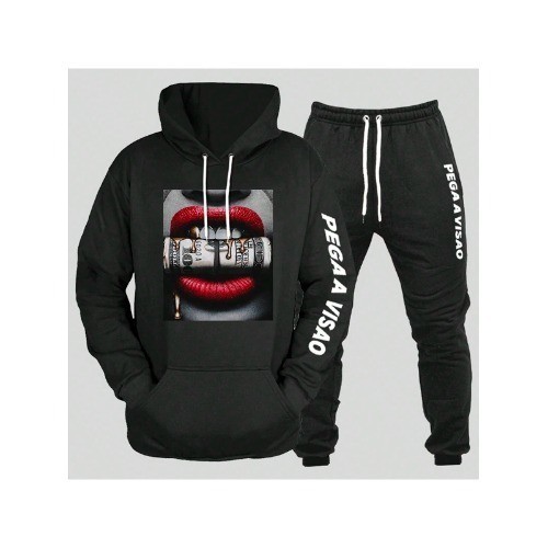 Conjunto De Moletom Masculino Básico Preto Calça Com Bolso e Blusa com Capuz Estampado Boca Dollar lançamento inverno
