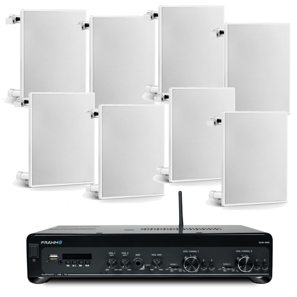 Kit Som Ambiente Amplificador Slim 4100 G5 300W RMS (2x150W) + 8 Arandelas CX6 8 Ohms 40 RMS - FRAHM
