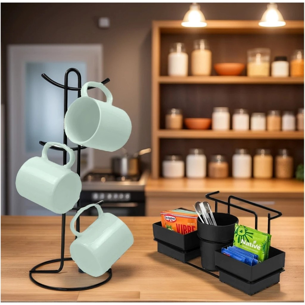 Kit Porta Sachê Suporte Organizador Porta Xícaras Café Bancada Cozinha Preto Fosco - Future