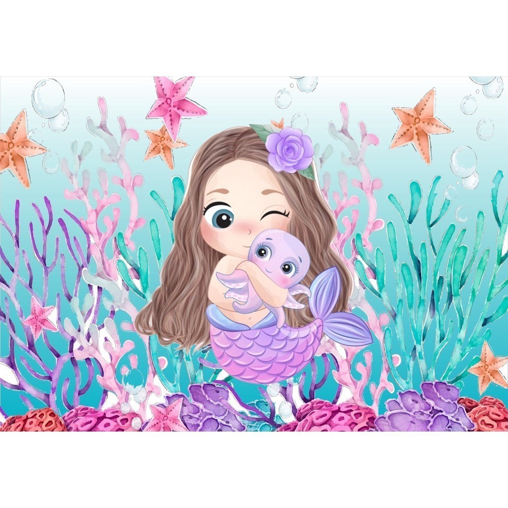 Painel em lona Decoração de Festa - Pequena Sereia Cute