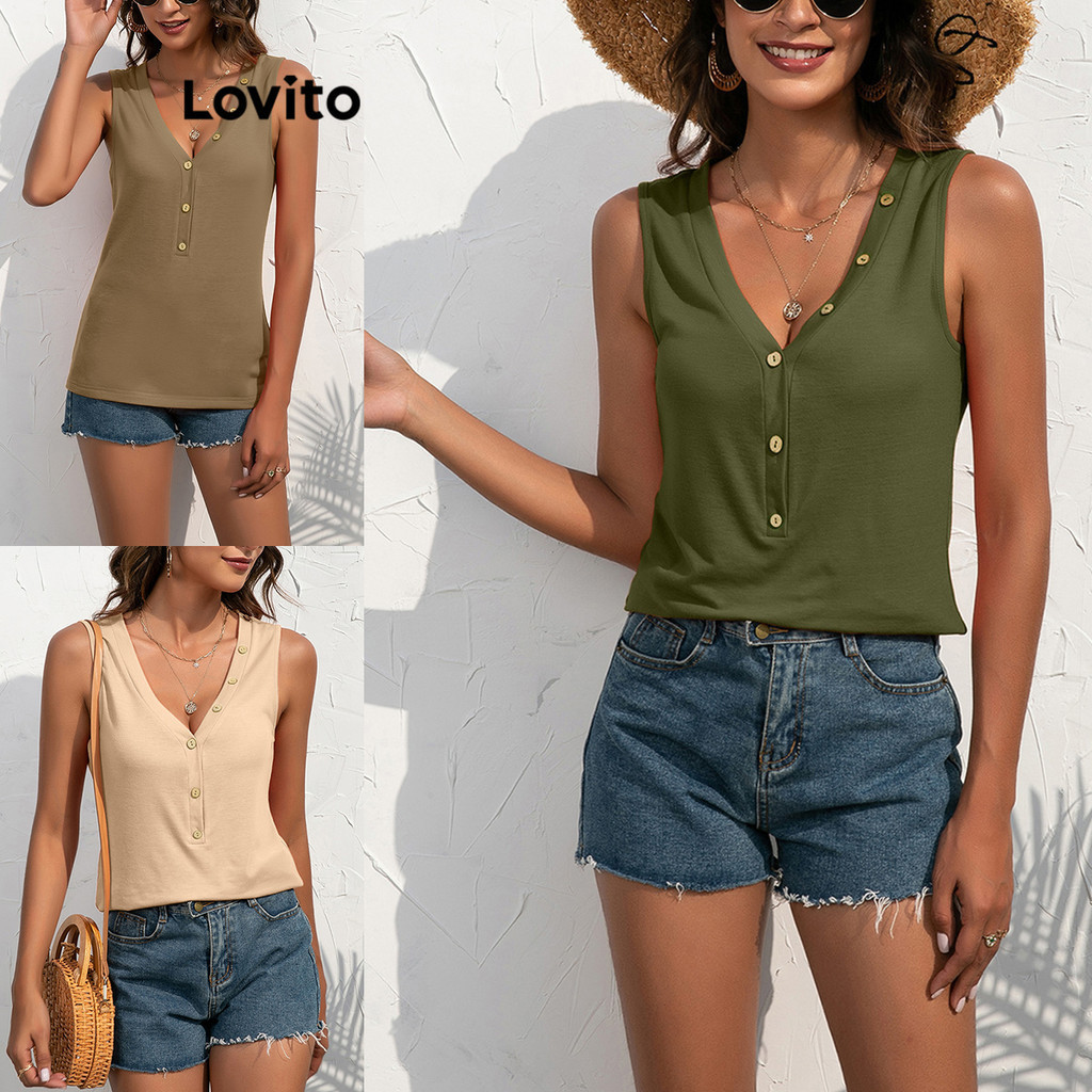 Lovito Regata Casual Com Botão Liso Para Mulheres LNL43144