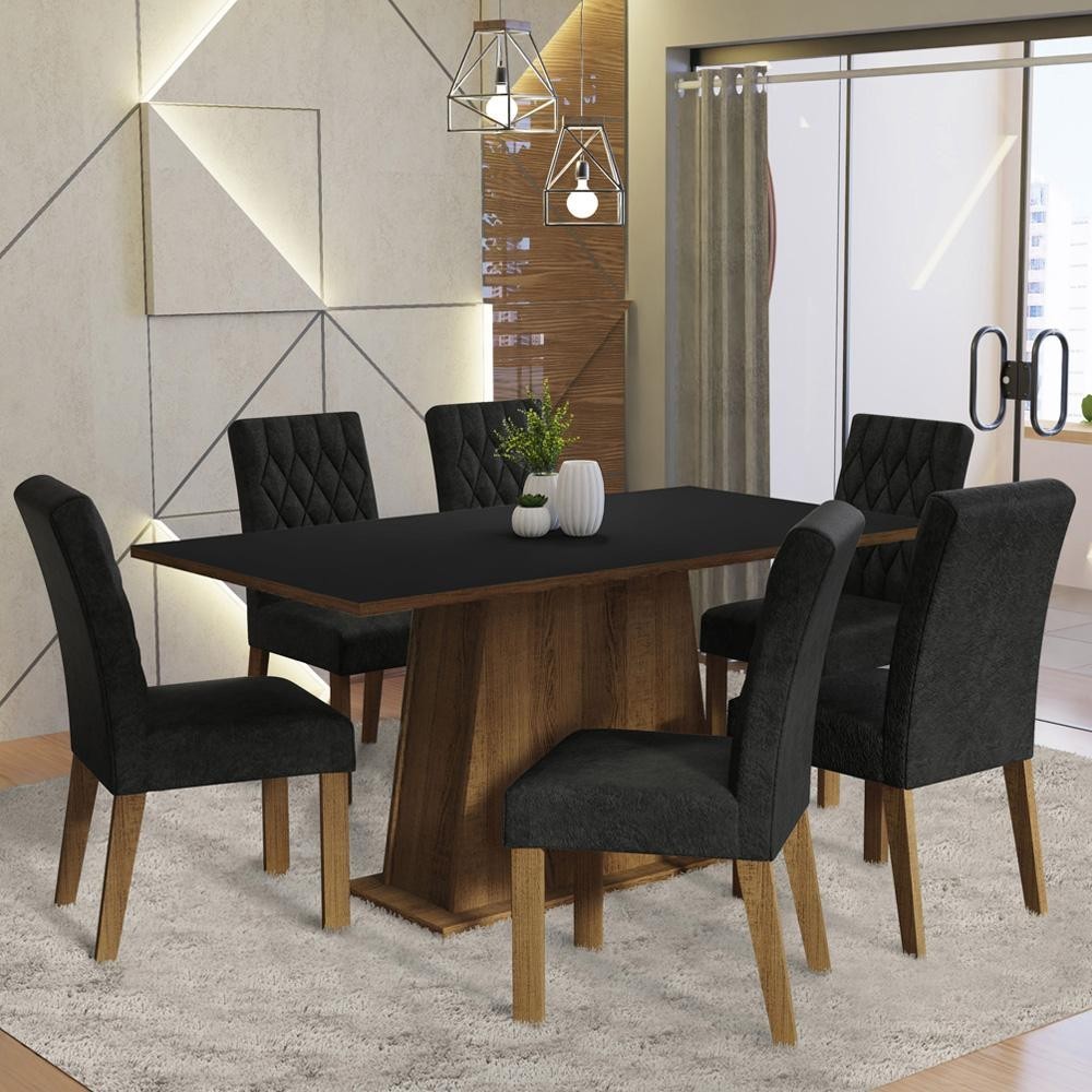 Conjunto Sala de Jantar Mesa Tampo de Madeira 6 Cadeiras Rustic/Preto/Oxford Britney Madesa em Oferta na Shopee