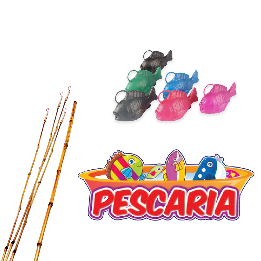 Kit Festa Junina 1 Painel Pescaria 5 Varinhas 10 Peixinhos Coloridos Diversão Baraca Arraiá