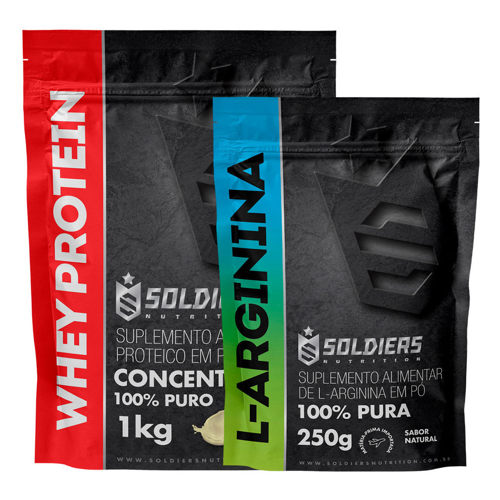 Detalhes do Kit: Whey Protein Concentrado 1kg + Arginina 250g Soldiers Nutrition Proteína Muscular