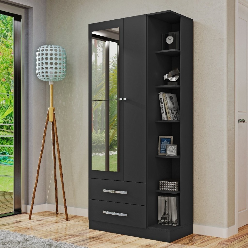 Guarda Roupa Solteiro com Espelho 2 Portas 2 Gavetas Moju  Preto/Fosco em Oferta na Shopee