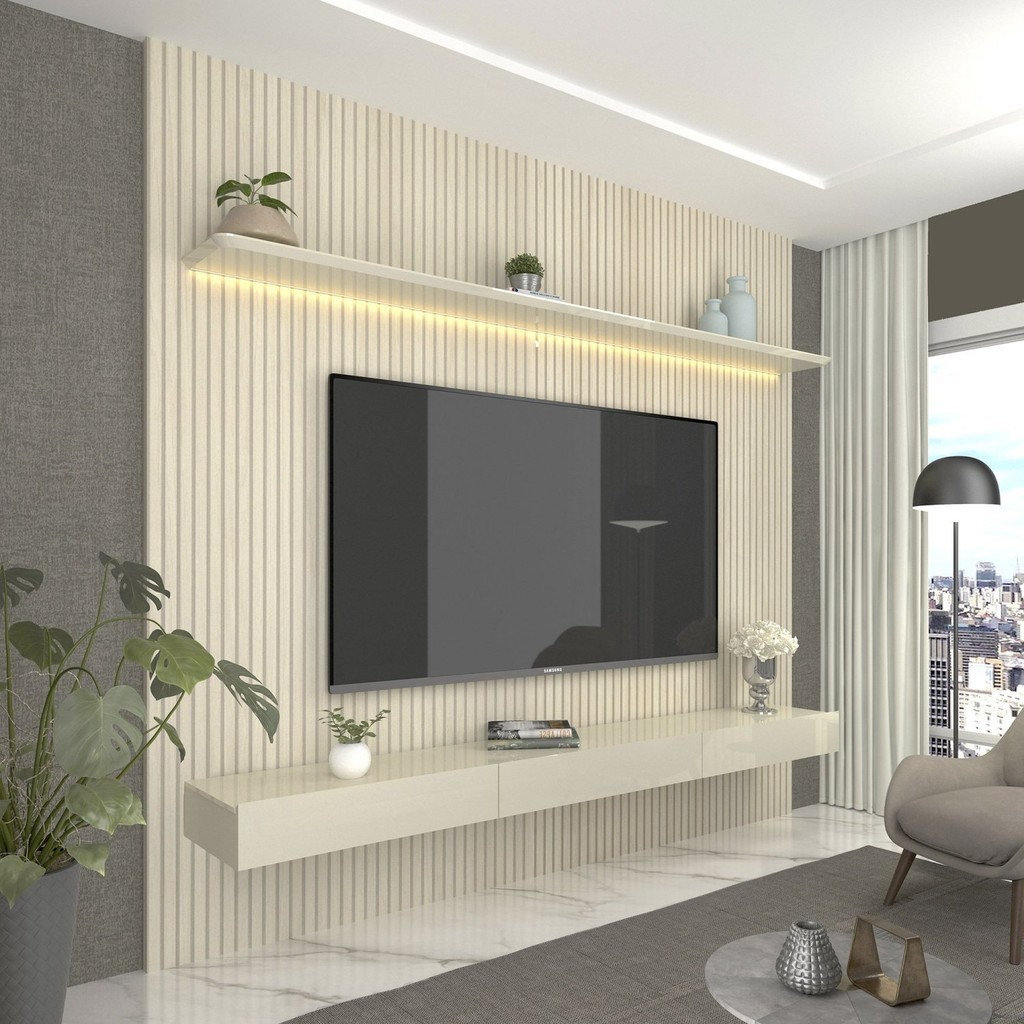 Painel para TV até 90 Polegadas Impressão Ripada com LED com Gaveta 220cm 100% MDF Requint...