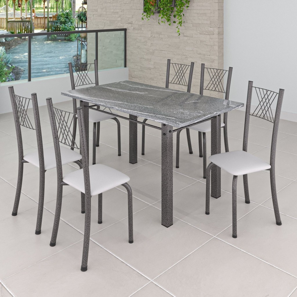 Conjunto Mesa com 6 Cadeiras Tampo de Granito Topázio Sara Yescasa Prata/Branco Liso/Mart Branco/Prata