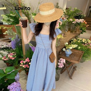 Lovito Vestido plissado vintage xadrez padrão para mulheres LNE55533