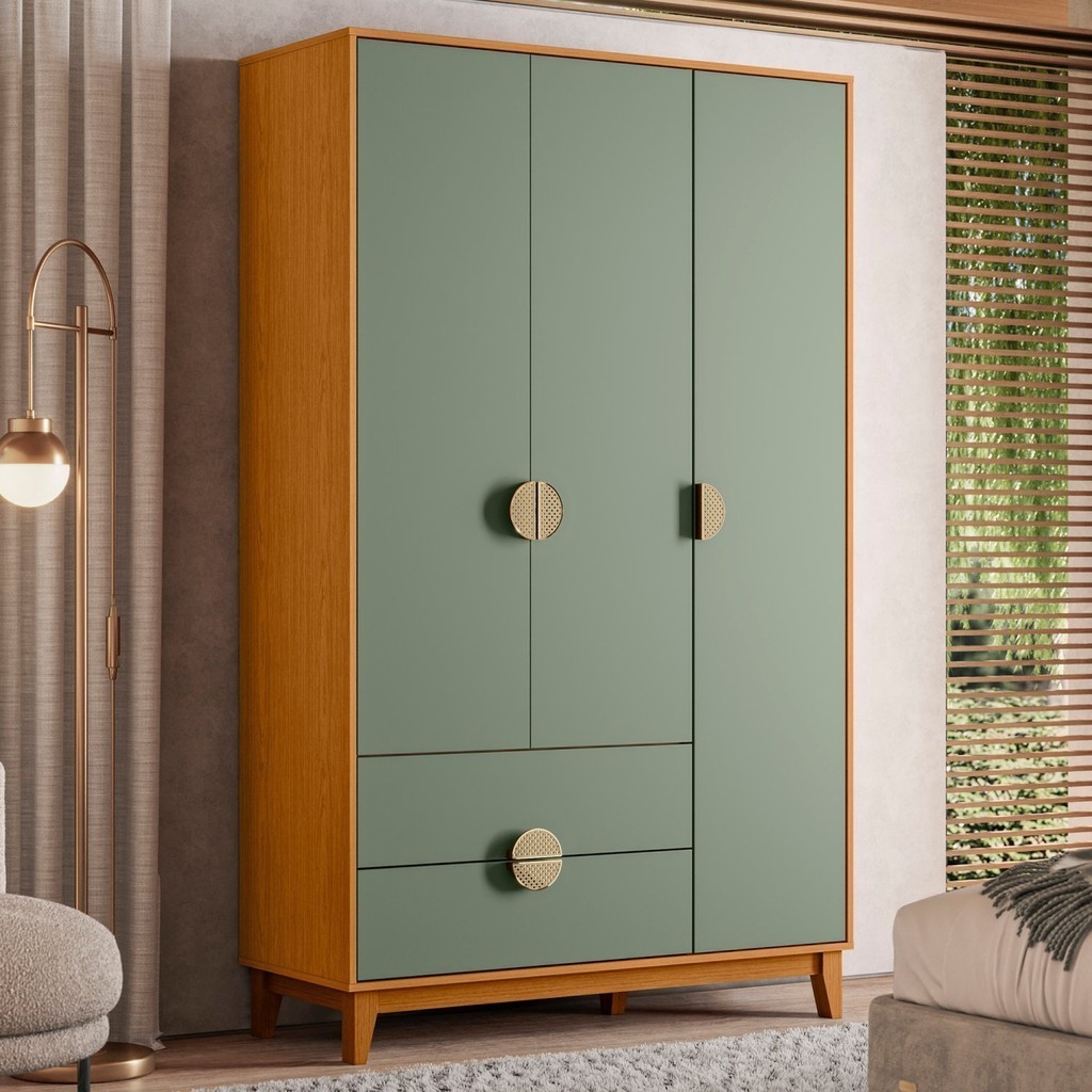 Guarda-roupa 3 Portas e 2 Gavetas Ipê Cinamomo/Sálvia