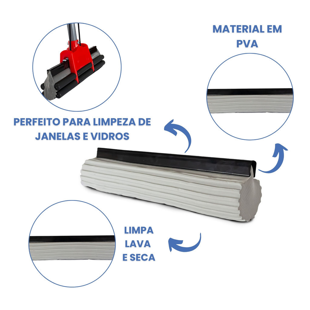 Detalhes do Mop Esfregão Esponja PVA Limpeza Geral Rodo Mágico  + Refil Original Powermaid