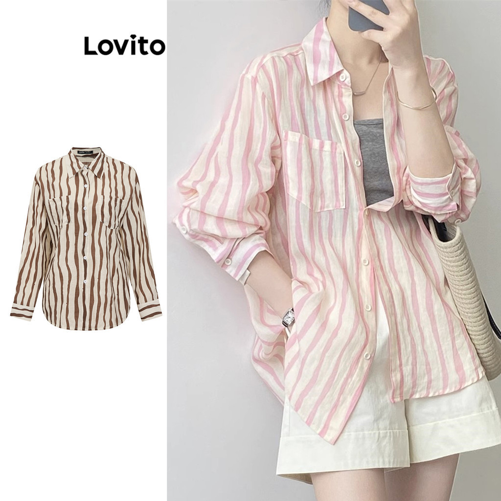 Lovito Elegante Blusa Feminina Listrada com Bolso LNE27201 (Multicolorido)