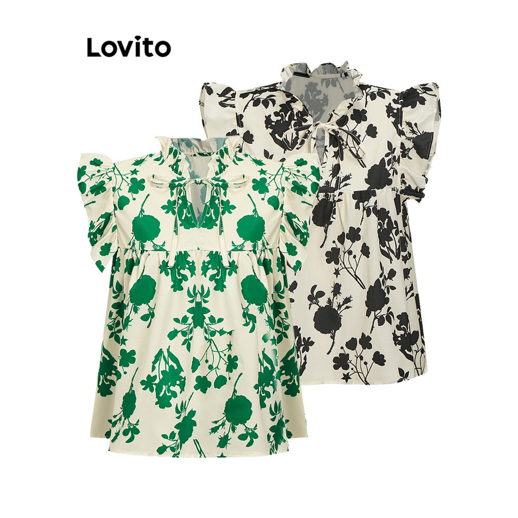 Lovito Casual Blusa Feminina Floral com Babado e Botão de Gota L68ED348 (Multicor)