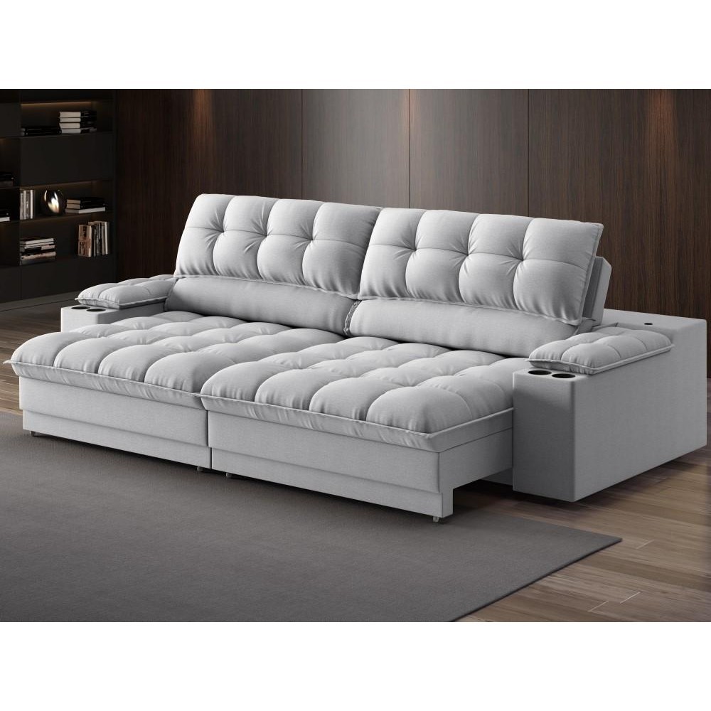 Imagem Sofá com Porta Copos e Carregador USB Ret Rec Luke 2,90m Linho Soft Prata - NETSOFAS