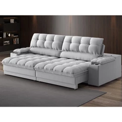 Sofá com Porta Copos e Carregador USB Ret Rec Luke 2,90m Linho Soft Prata - NETSOFAS