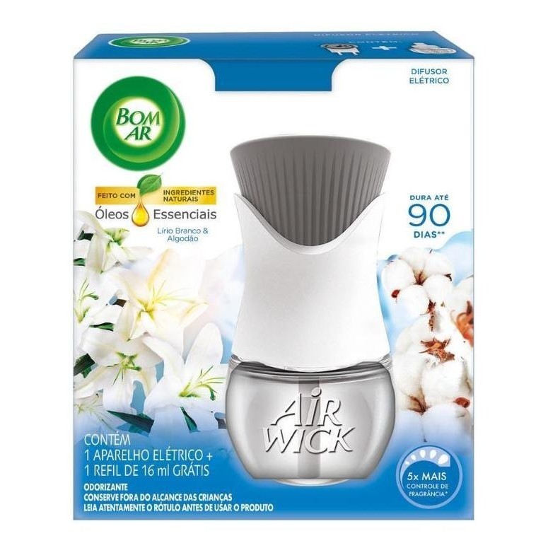 Difusor Elétrico Bom Ar Lirio Branco e Algodão Ap+Refil 16ml - Home & Living