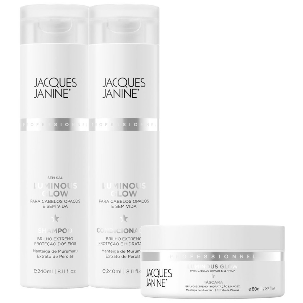 Kit Jacques Janine Luminous Glow Shampoo Condicionador 240ml Máscara Hidratação 80g em Oferta na Shopee