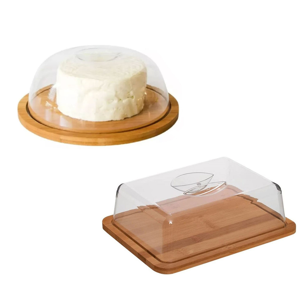 Kit de Porta Queijo Queijeira + Porta Frios Com Tampa Bambu