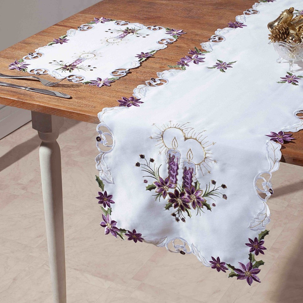 Caminho De Mesa Branco Natal Lilas Escovado 40X220Cm Rafimex