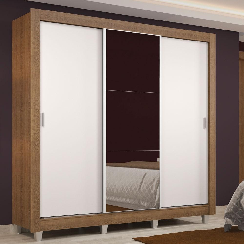 Guarda Roupa Casal Madesa Lyon 3 Portas de Correr com Espelho 2 Gavetas com Pés - Rustic/Branco - Home & Living