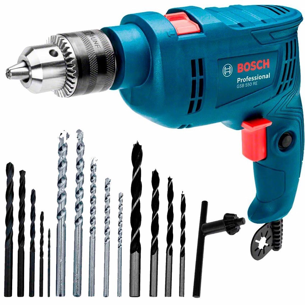 Furadeira de Impacto 1/2 POL 550W GSB 550 RE com Reversão e Kit 14 Acessórios BOSCH em Oferta na Shopee