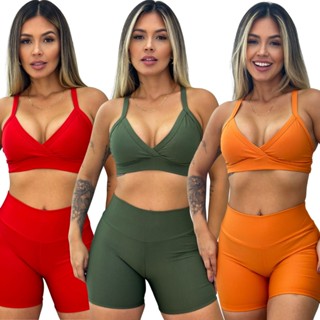 Conjunto Short e Top Fitness Cós Alto Neutro em Oferta na Shopee